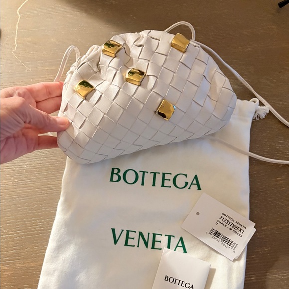 Bottega Veneta Handbags - Bottega Veneta White Woven Leather Mini Pouch with Gold Studs
